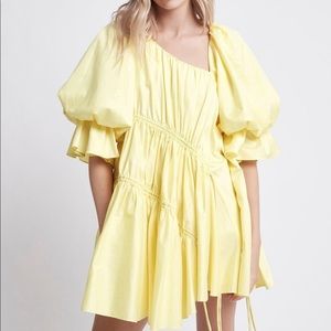 Aje. Hushed Asymmetric Yellow Puff Sleeve Dress